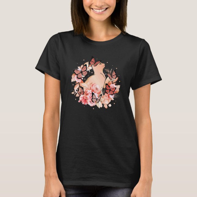 Cat Flowers Butterflies Cat T-Shirt (Front)