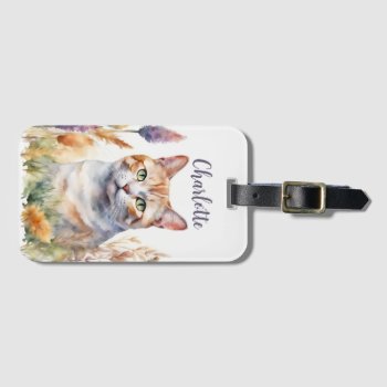 Cat Flowers Watercolor Add Name Lavender Orange Luggage Tag by Frasure_Studios at Zazzle