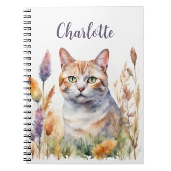 Cat Flowers Watercolor Add Name Lavender Orange Notebook by Frasure_Studios at Zazzle