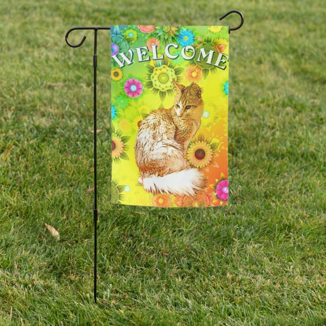 Cat & Flowers Welcome Garden Flag (In SItu)