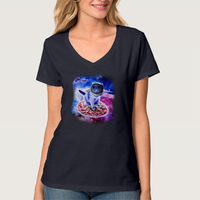 Cat Flying A Pizza Astronaut Funny Kitten Space T-Shirt (Front)