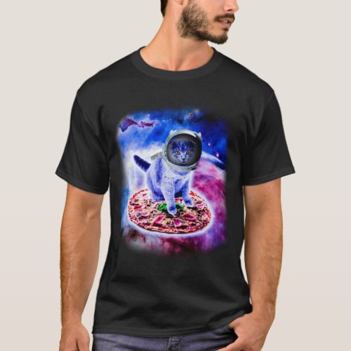 Cat Flying A Pizza Astronaut Funny Kitten Space T_Shirt