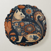 Cat folk art decoration round pillow