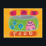 Cat Food Green Can - Funny Cat Postcard<br><div class="desc">A cute and oh so colorful cat themed painting featuring a green can of cat food with a pink and purple cat,  blue flowers and bright yellow background. Text that says Cat Food in scrawled handwriting finishes the piece.</div>