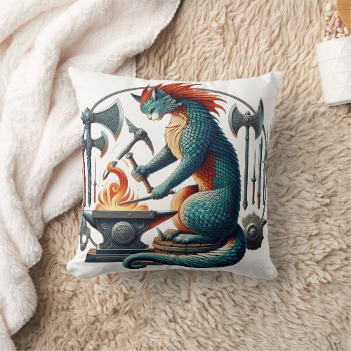 Cat Forging Weapons at a Medieval Anvil Throw Pillow