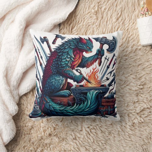 Cat Forging Weapons in an Enchanted Workshop Throw Pillow