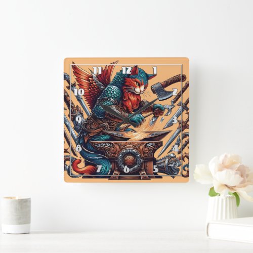 Cat Forging Weapons in Fantasy Workshop Square Wall Clock