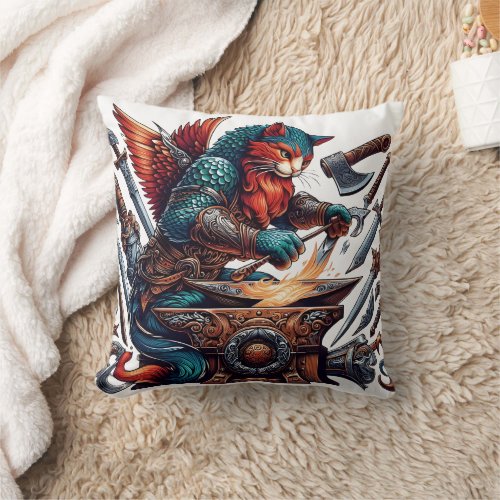 Cat Forging Weapons in Fantasy Workshop Throw Pillow