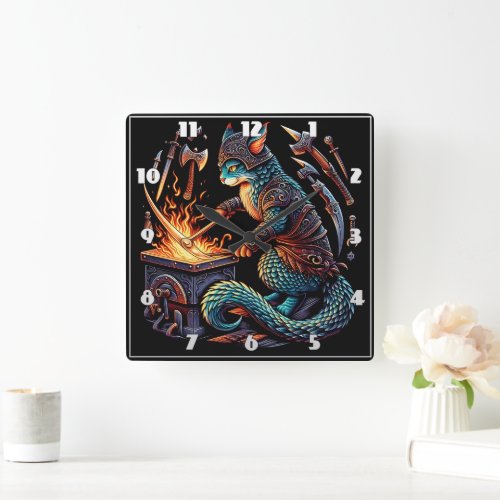 Cat Forging Weapons in Stylish Armor Square Wall Clock