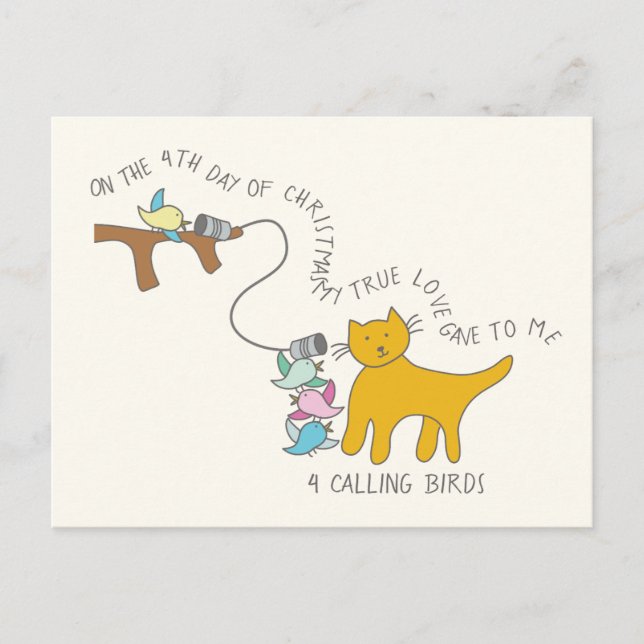 Cat Fourth Day 4 Calling Birds Christmas Postcard (Front)
