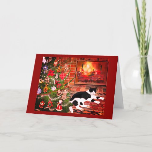 Cat Front of Warm Burning Fireplace Christmas Tree Holiday Card