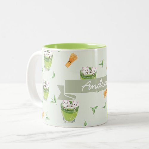 Cat Froth Matcha Green Tea Pattern Two_Tone Coffee Mug