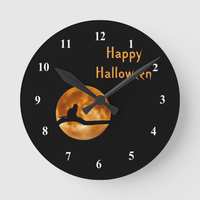 Cat Full Moon Silhouette Graphic Halloween Round Clock (Front)