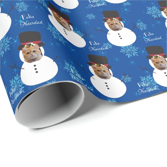 Cat Fun Face Snowman Merry Christmas spanish Wrap Wrapping Paper (Roll Corner)