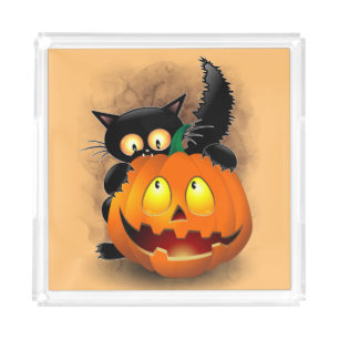 Cat Fun Halloween Character biting a Pumpkin Acrylic Tray