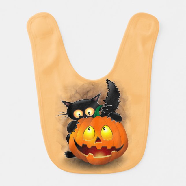 Cat Fun Halloween Character biting a Pumpkin Baby Bib (Front)