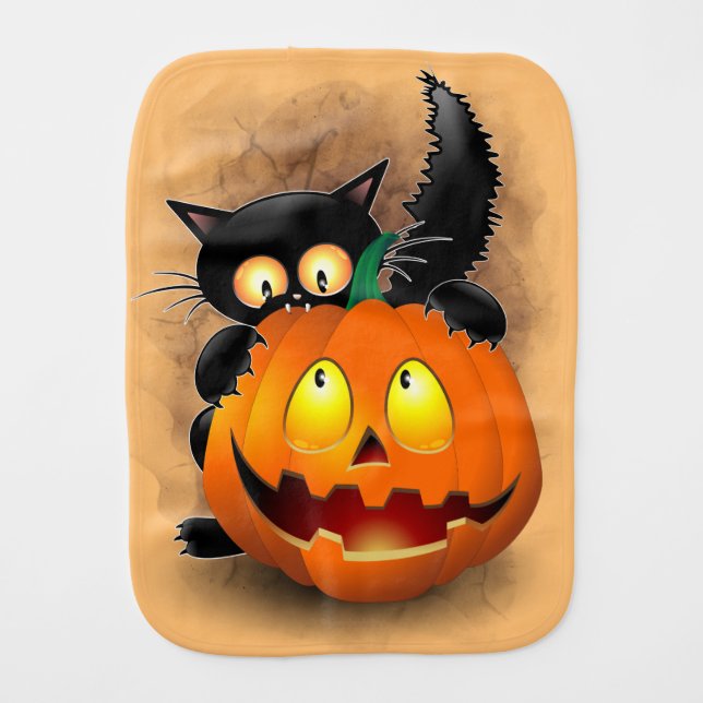 Cat Fun Halloween Character biting a Pumpkin Baby Burp Cloth (Front)