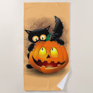 Cat Fun Halloween Character biting a Pumpkin Beach Towel