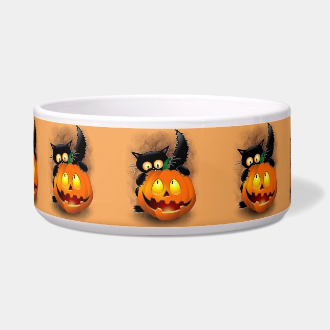 Cat Fun Halloween Character biting a Pumpkin Bowl (Front)