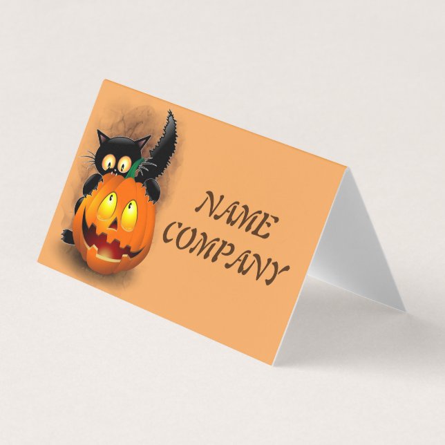 Cat Fun Halloween Character biting a Pumpkin Business Card (Front)