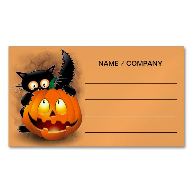 Cat Fun Halloween Character biting a Pumpkin Business Card Magnet (Front)
