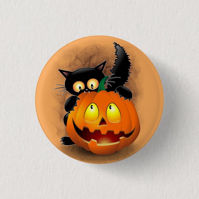 Cat Fun Halloween Character biting a Pumpkin Button (Front)