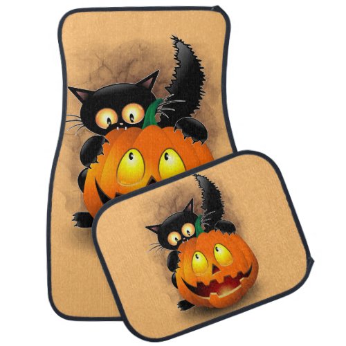Cat Fun Halloween Character biting a Pumpkin Car Floor Mat