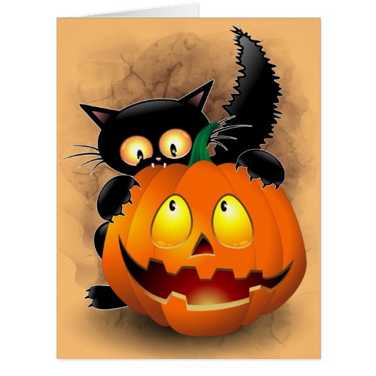 Cat Fun Halloween Character biting a Pumpkin Cards (Front)