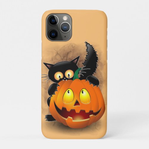 Cat Fun Halloween Character biting a Pumpkin iPhone 11 Pro Case