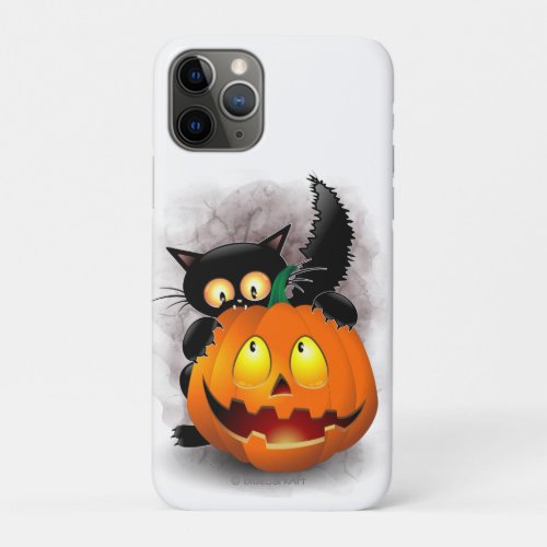 Cat Fun Halloween Character biting a Pumpkin iPhone 11 Pro Case