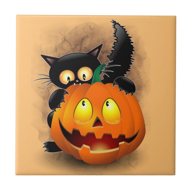Cat Fun Halloween Character biting a Pumpkin Ceramic Tile (Front)