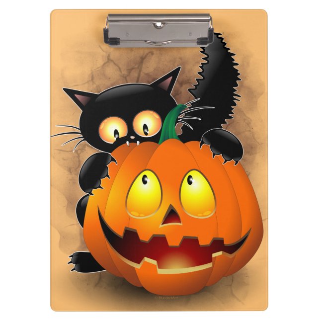 Cat Fun Halloween Character biting a Pumpkin Clipboard (Front)