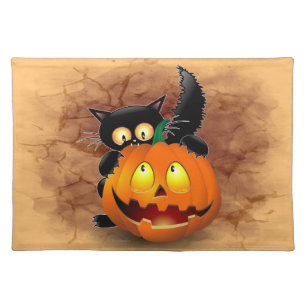 Cat Fun Halloween Character biting a Pumpkin Cloth Placemat