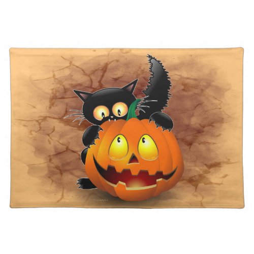 Cat Fun Halloween Character biting a Pumpkin Cloth Placemat