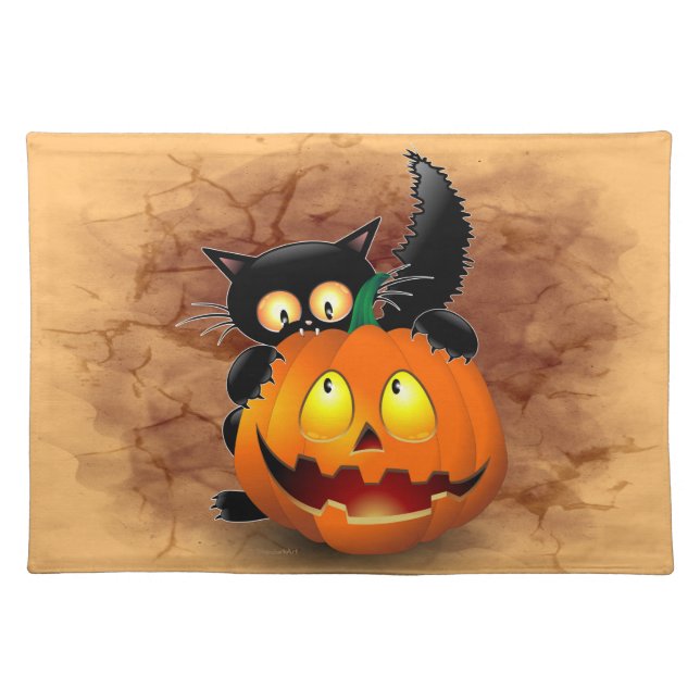 Cat Fun Halloween Character biting a Pumpkin Cloth Placemat (Front)
