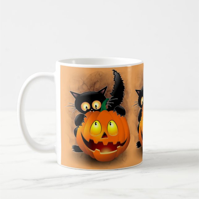 Cat Fun Halloween Character biting a Pumpkin Coffee Mug (Left)