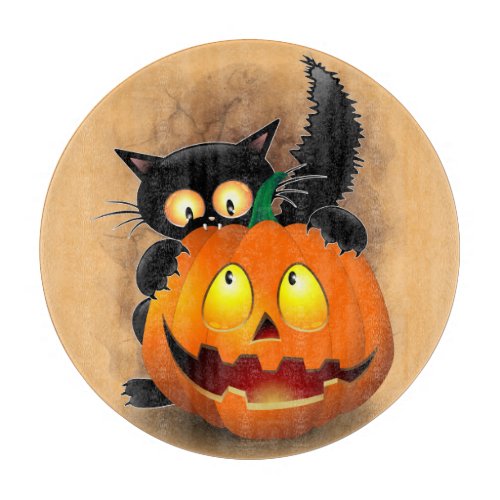 Cat Fun Halloween Character biting a Pumpkin Cutting Board