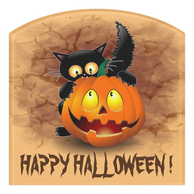 Cat Fun Halloween Character biting a Pumpkin Door Sign (Contour Front)