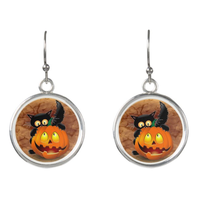 Cat Fun Halloween Character biting a Pumpkin Earrings (Front)