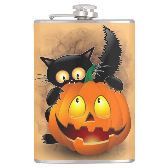 Cat Fun Halloween Character biting a Pumpkin Flask (Front)