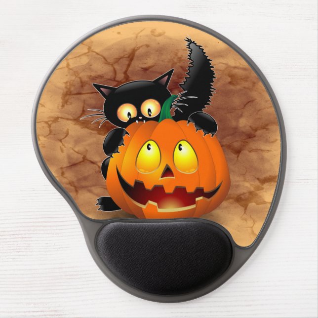 Cat Fun Halloween Character biting a Pumpkin Gel Mouse Pad (Front)