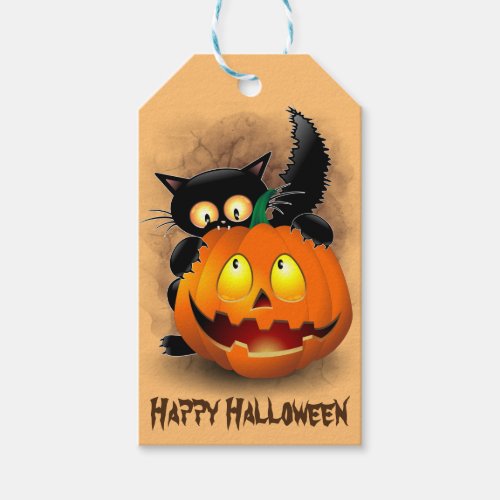 Cat Fun Halloween Character biting a Pumpkin Gift Tags