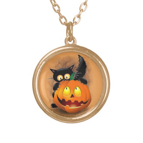 Cat Fun Halloween Character biting a Pumpkin Gold Plated Necklace