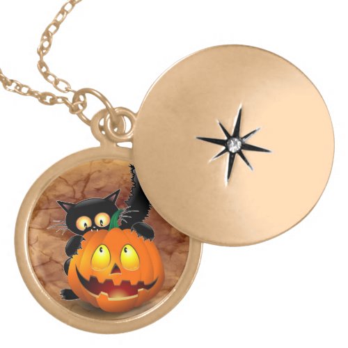 Cat Fun Halloween Character biting a Pumpkin Gold Plated Necklace