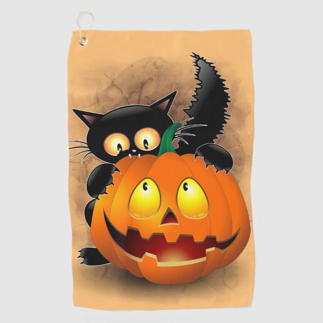 Cat Fun Halloween Character biting a Pumpkin Golf Towel (Front)