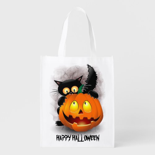 Cat Fun Halloween Character biting a Pumpkin Grocery Bag