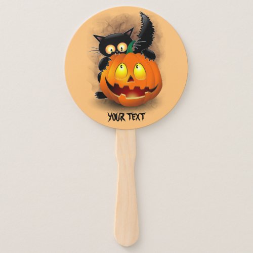 Cat Fun Halloween Character biting a Pumpkin Hand Fan