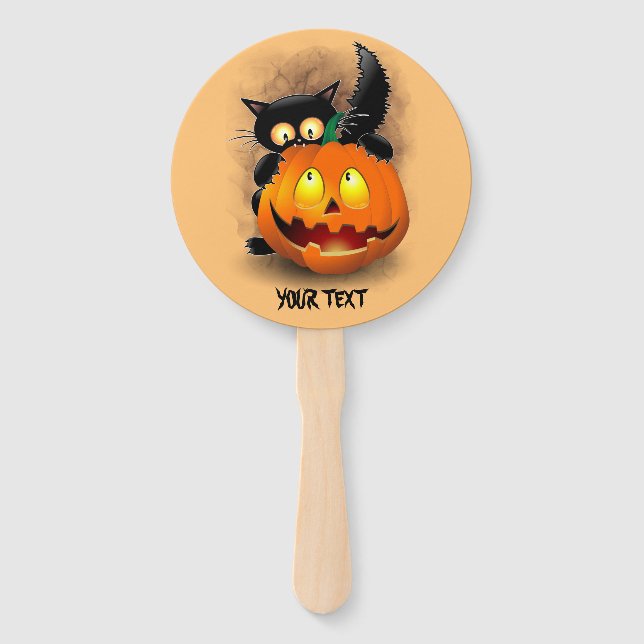 Cat Fun Halloween Character biting a Pumpkin Hand Fan (Front)