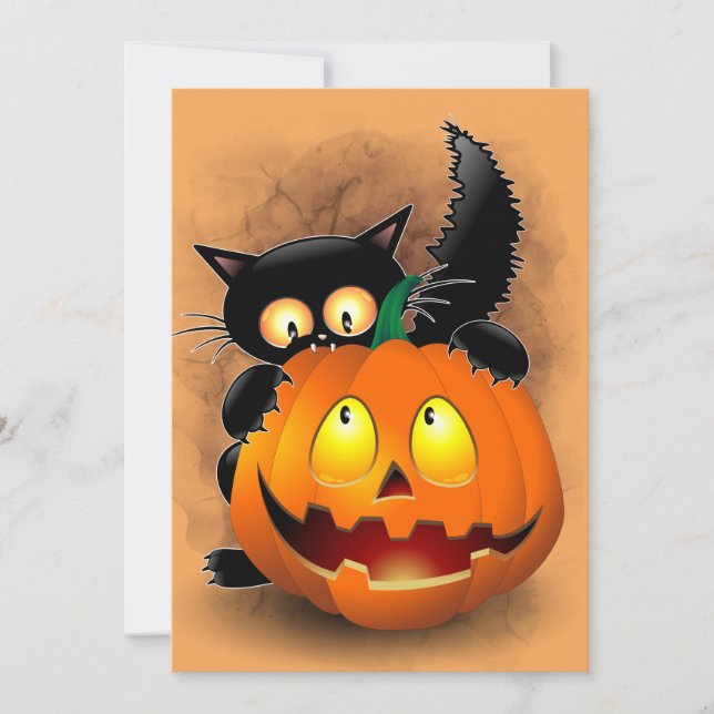 Cat Fun Halloween Character biting a Pumpkin Invitation (Front)
