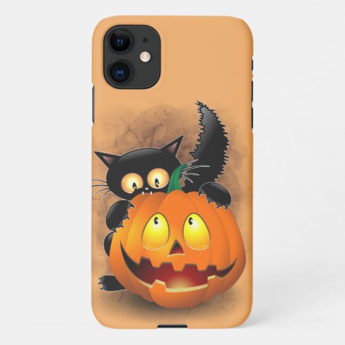 Cat Fun Halloween Character biting a Pumpkin iPhone 11 Case